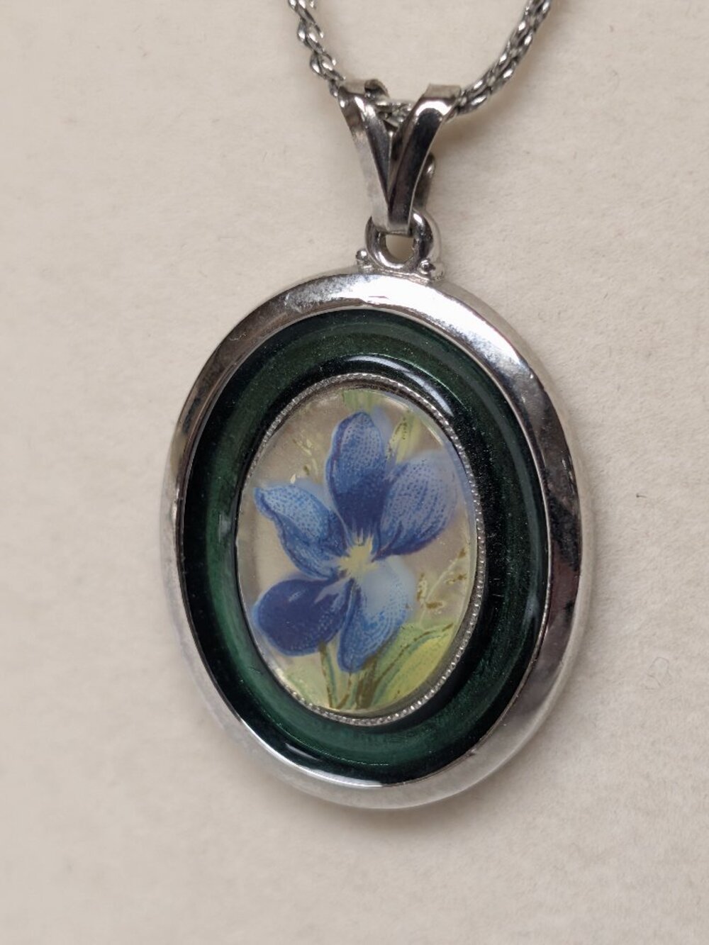 Vintage Hand Painted Purple Iris Necklace Lucite Silver